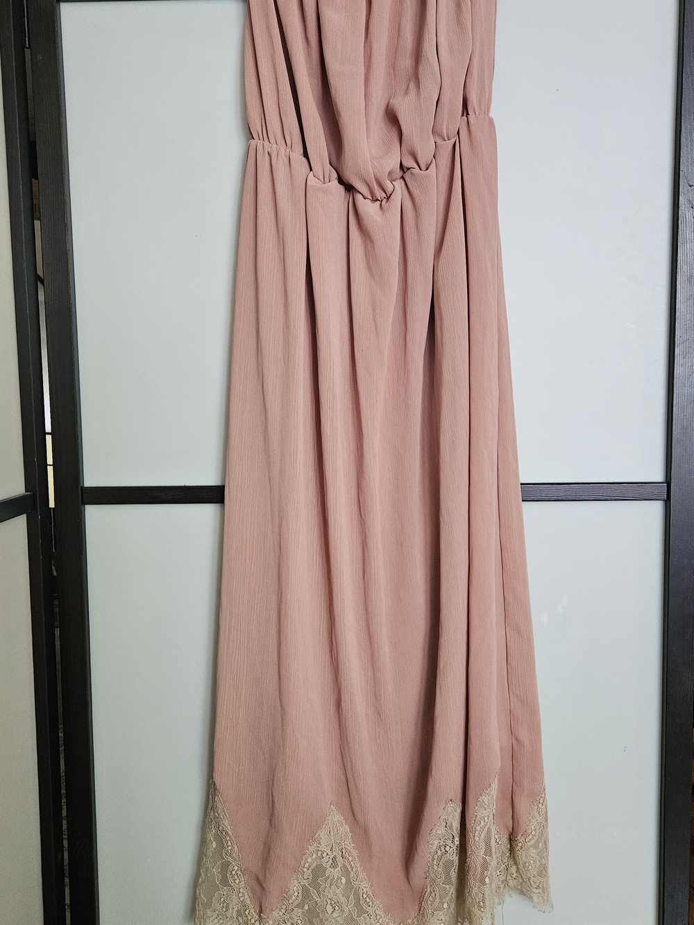 Pleated Dusty Rose Strapless Dress with Lace Trim